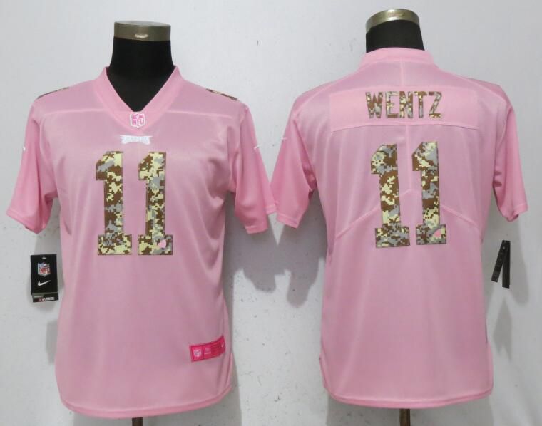 Women Philadelphia Eagles #11 Wentz Pink Camouflage font love pink Nike Vapor Untouchable Player NFL Jerseys
